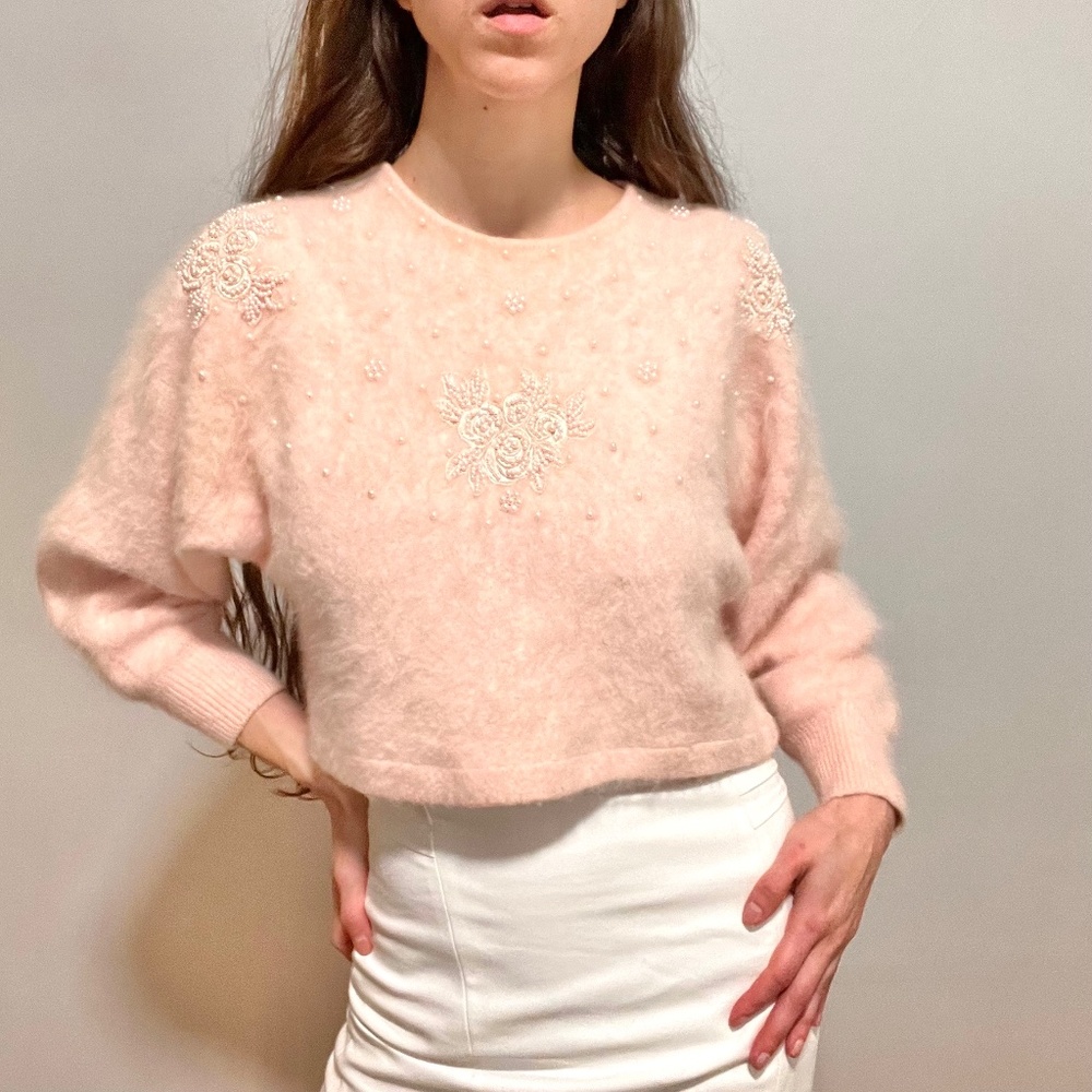 Vintage Cropped Beaded Pearl Sweater